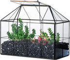 NCYP Glass Terrarium Planter with Lid for Small Succulent Plants, Grid House Shape Black Geometric Terrarium Pot, Home Garden Indoor Tabletop Decor, 9.84" x 5.31" x 7.87" (No Plants)