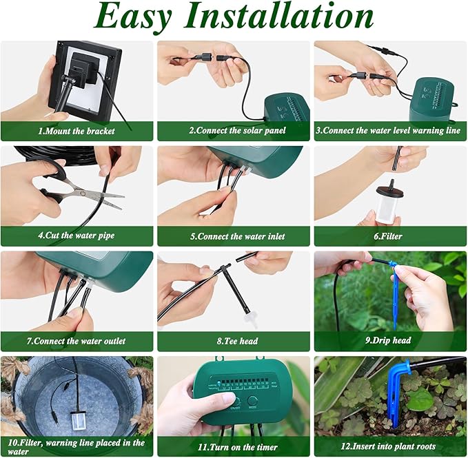 Solar Drip Irrigation System, Automatic Watering Kit for 15 Pots with 49ft Hose, Anti-Siphon Garden Irrigation System for Vacation, Balcony & Greenhouse, 12 Modes Self Watering System, Split