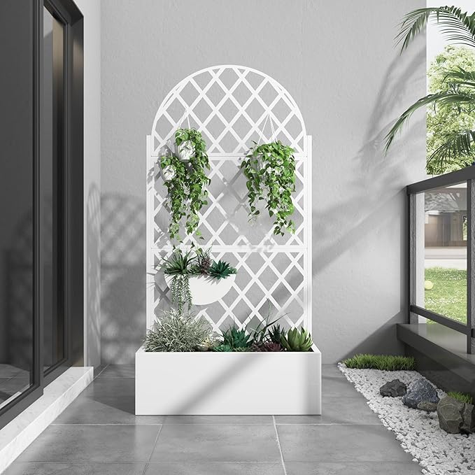 Casaphoria Metal Raised Garden Bed with Trellis and Wheels, 72"x35"x16" Arched Planter Box for Climbing Plants, Vegetables & Vines, Features Drainage Holes and Privacy Screen (White-Rhombus)