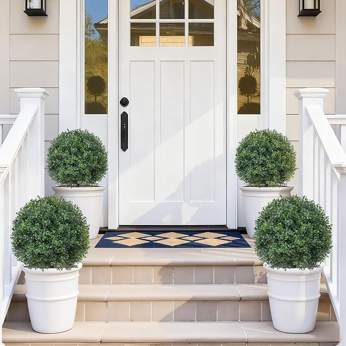 2Pack Artificial Boxwood Topiary Ball Trees,16''UV Resistant Fake Evergreen Shrubs Bushes Plants with Ground Spike, Fake Plants for Outdoor Indoor Front Porch Garden