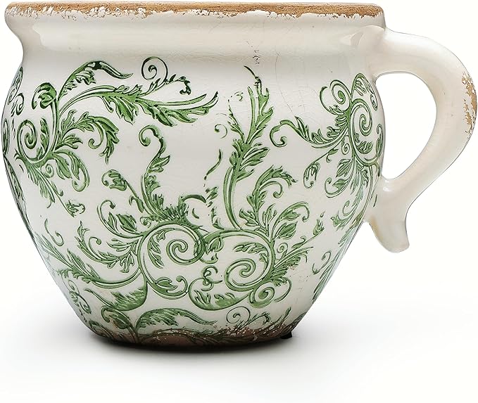 Vintage Flower Pot Rustic Planter Container with Handle Ceramic Ice Crack Plant Pot with Drainge Hole Decorative Planter for Indoor and Outdoor Tuscan Decor Vase Gardening Gift (Green)