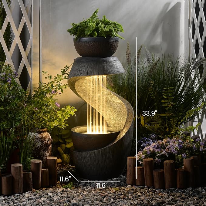 Outdoor Water Feature Patio Fountain with LED Lights, 31.9" Resin Garden Waterfall Fountain Outdoor, Modern S-Shaped Bowl Design Water Feature for Porch, Garden, Yard, Home Decor, Grey