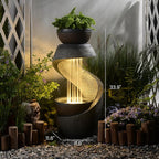 Outdoor Water Feature Patio Fountain with LED Lights, 31.9" Resin Garden Waterfall Fountain Outdoor, Modern S-Shaped Bowl Design Water Feature for Porch, Garden, Yard, Home Decor, Grey