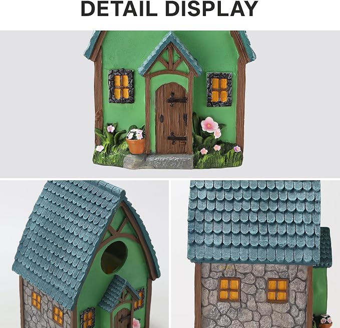 Bird Houses for Outside Green Cottage Resin Birdhouse, Garden Outdoor Decor Bird House with Flower and Stone Details, Birdhouses for Outdoors for Bluebird Finches Cardinals