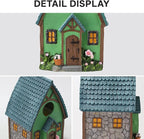 Bird Houses for Outside Green Cottage Resin Birdhouse, Garden Outdoor Decor Bird House with Flower and Stone Details, Birdhouses for Outdoors for Bluebird Finches Cardinals