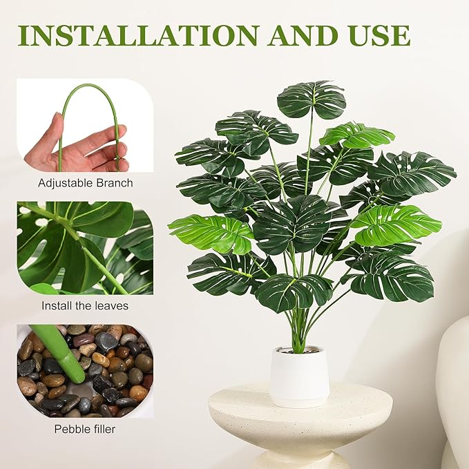 28'' Fake Plants Large Artificial Monstera Faux Plants Indoor Tall Plant, with White Planter Ideal, for Home Living Rooms, Patios, Porches, Bathrooms, and Outdoor Decor