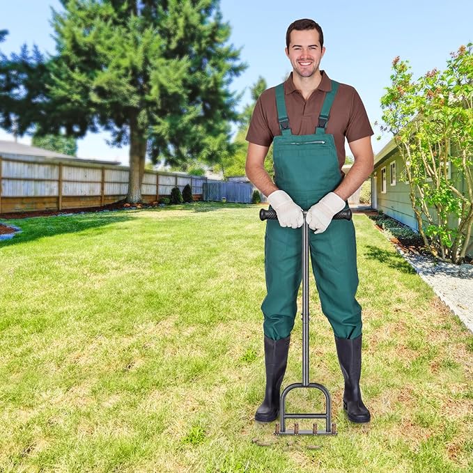 Dolibest Lawn Coring Aerator, Manual Lawn Aerator, 4 Stainless Steel Corer Plug Aerator with Soft Rubber Grip, Pre-Assembled Manual Grass Aerating Tool & Cleaning Hand Tool for Improving Lawn Health