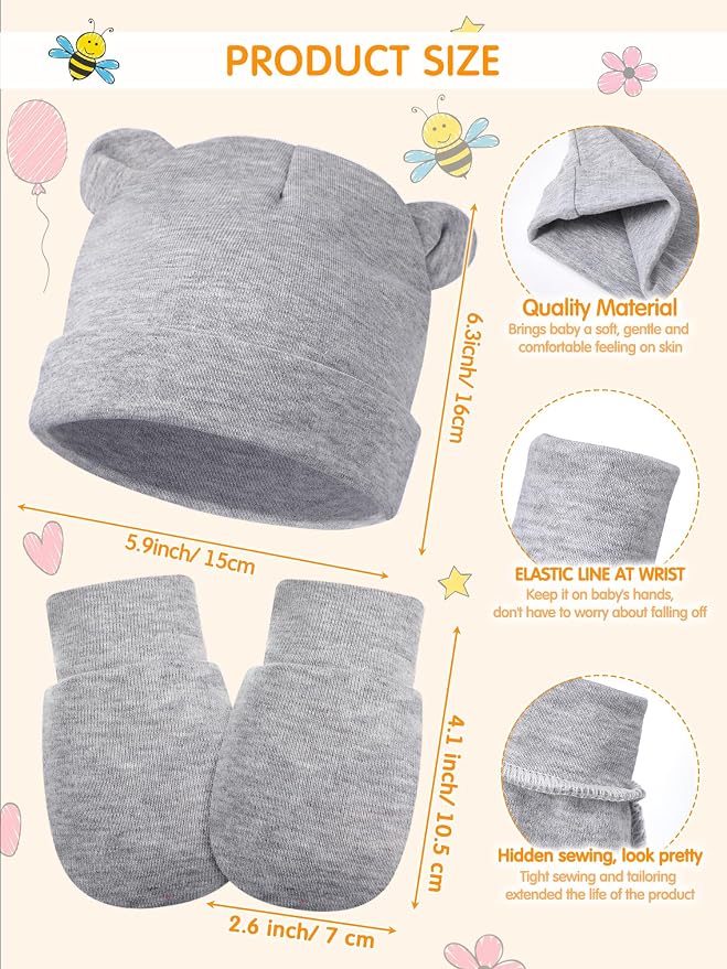 Geyoga 12 Pieces Newborn Hat Mittens Gloves Set Baby Boys Girls Cotton Baby Beanie for 0-12 Months