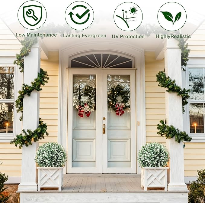 Artificial Boxwood Topiary Ball Trees – 2 Pack 24.5", Faux Plants, Shrubs & Bushes Outdoor with Spike, UV-Resistant Fake Greenery for Planters Porch Garden Home Office – White