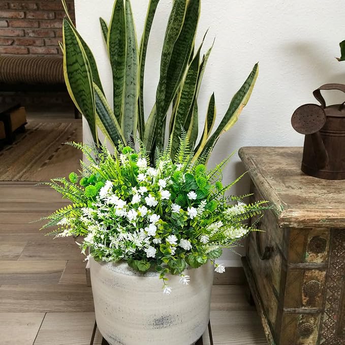 14 Bundles 5 Styles Fake Plants UV Resistant Artificial Outdoor Plant Boston Fern Lavender Plastic Flowers Greenery Shrubs for Outside Front Porch Balcony Patio Garden Home Decor