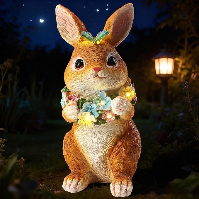 Solar Garden Statues Outdoor Bunny Decorations with Butterfly & Flowers Gifts for Mom, Grandma Spring Decor with 6 LED Night Accent Lights for Patio, Yard & Lawn, Mother Day Christmas Day Figurine