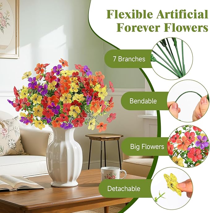 Alupssuc 20 Bundles Artificial Flowers for Outdoor Indoor Decoration, UV Resistant No Fade Fake Plants Eucalyptus, Colorful Faux Spring Flowers for Outside Yard Porch Patio Garden Home Window Box