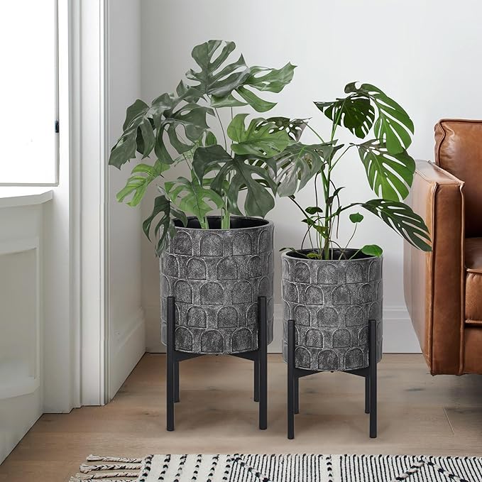 Oakrain Planters for Indoor Plants, Set of 2 Mid-Century Modern Planter with Stand, Decorative Metal Planter Pots for Living Room, Office, Garden, Balcony, 10"&12", Rustic Gray