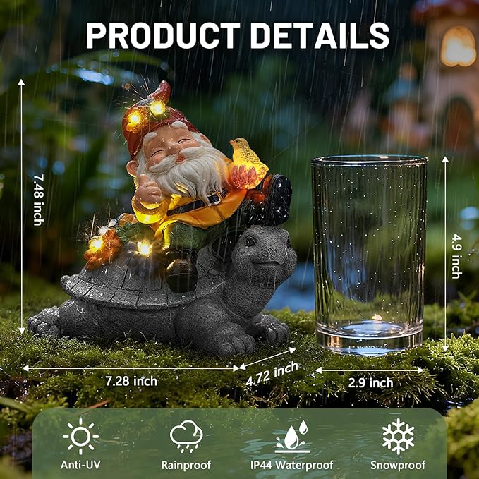 Solar Gnome Statue Outdoor Decor,Gnome on Turtle Figurines with LED Light for for Fairy Garden Yard Balcony Lawn Christmas Housewarming for Women Mom Grandma