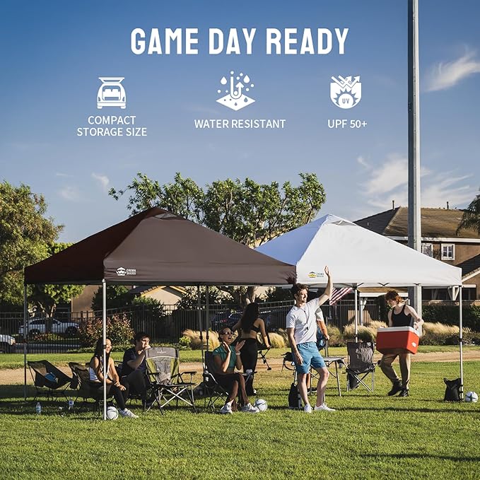 CROWN SHADES 10x10 Pop Up Canopy - Beach Tent with One Push Setup - Outdoor Sun Shade for Events, Parties, Camping - Gazebo with STO-N-Go Cover Bag, Silver Coated Top, 3 Height& 4 Sand Bags, Coffee