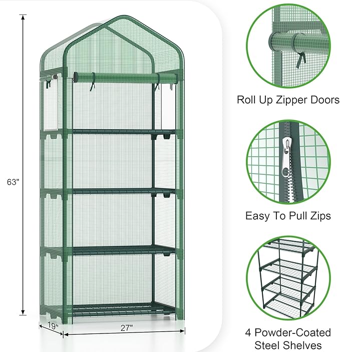 Mini Greenhouse 4-Tier Small Greenhouses for Outdoor Indoor 27"x19"x63" Portable Greenhouse w/ Screen Windows & Waterproof PE Cover Green House for Backyard Balcony Seedling Raising