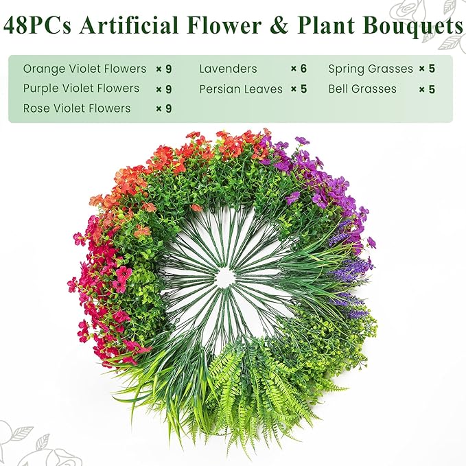 Alupssuc 48 Bundles Artificial Flowers for Outdoors Spring Summer Decoration, UV Resistant Eucalyptus Violet and Lavender Silk Fake Plants for Outside Indoor Yard Home Patio Decor, Orange Rose Purple