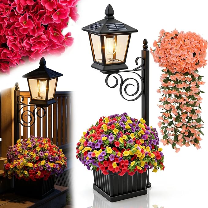 2-in-1 Solar Lamp Post Light with Planter, IP65 Waterproof Auto On Off with Artificial Flowers, Wall Mount Freestanding for Porch Planters with Flowers, Garden Patio Yard