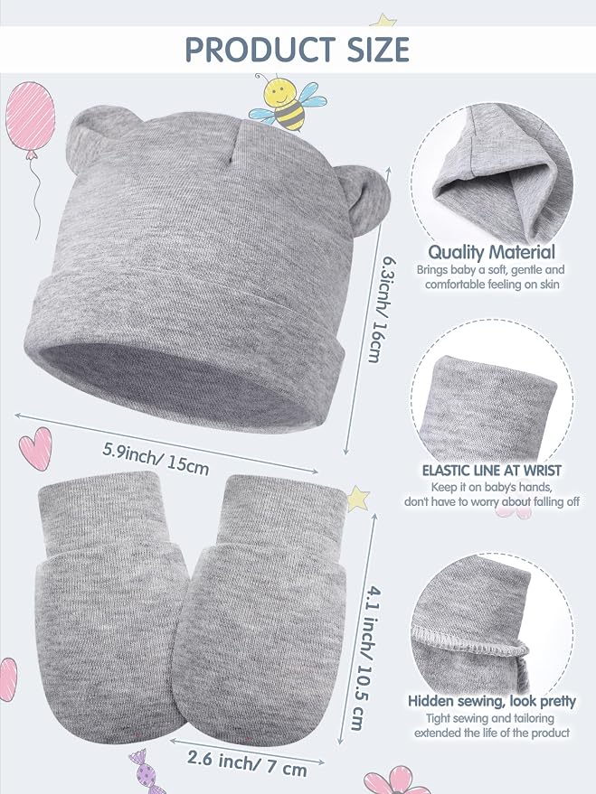 Geyoga 12 Pieces Newborn Hat Mittens Gloves Set Baby Boys Girls Cotton Baby Beanie for 0-12 Months