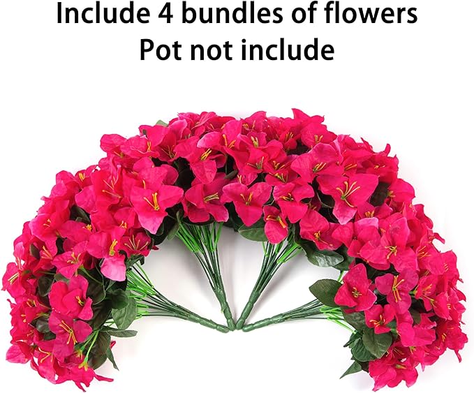 Fake Bougainvillea Artificial Flowers for Outdoors Spring Decor, 4 Bundles Outdoor Bougainvillea Silk Flowers for Outside Faux Plants UV Resistant Realistic for Planter Patio Porch Garden, Hotpink