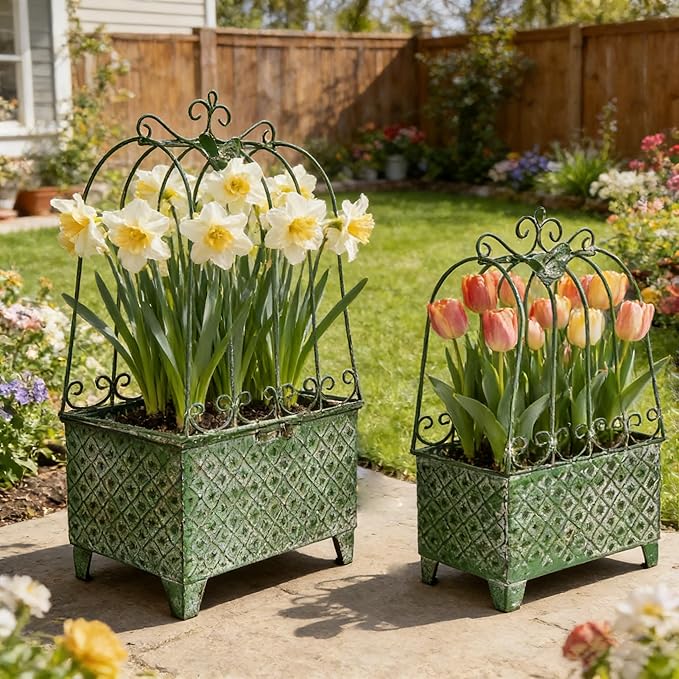 2-Piece Vintage Metal Birdcage Planter Set, Rustic Distressed Plant Holder, Farmhouse Floral Containers for Indoor Outdoor Garden, Patio & Tabletop Decor