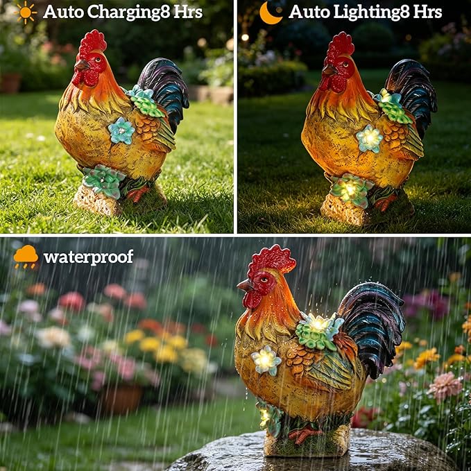 Solar Garden Statues Colorful Rooster and LED Lights Birthday Gifts for Women Mom Grandma Solar Outdoor Cat Decor for Outside,Outdoor Solar Lights for Yard, Garden and Patio, Unique Gift for Women
