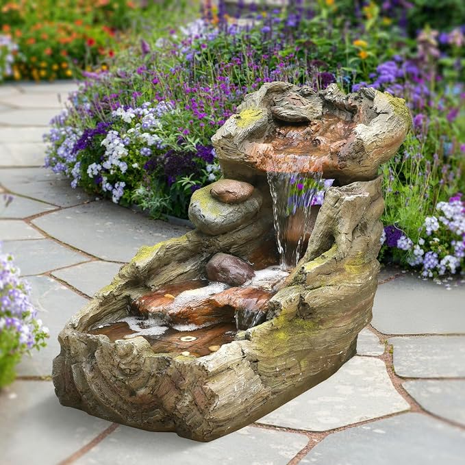 Sunlinua 23.62" L Outdoor Water Fountain with 3 Tiers Cascading Realistic Tree Trunk Waterfall Fountains with LED Lights Outdoor Water Fountain for Garden Patio Backyard Porch Home Decor