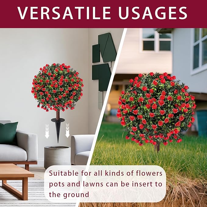 Artificial Boxwood Topiary Ball Trees with Red Rose, Set of 2 UV Resistant Fake Evergreen Shrubs Bushes Plants with Ground Spike, 18" Fake Plants for Outdoor Indoor Front Porch Garden