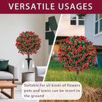 Artificial Boxwood Topiary Ball Trees with Red Rose, Set of 2 UV Resistant Fake Evergreen Shrubs Bushes Plants with Ground Spike, 18" Fake Plants for Outdoor Indoor Front Porch Garden
