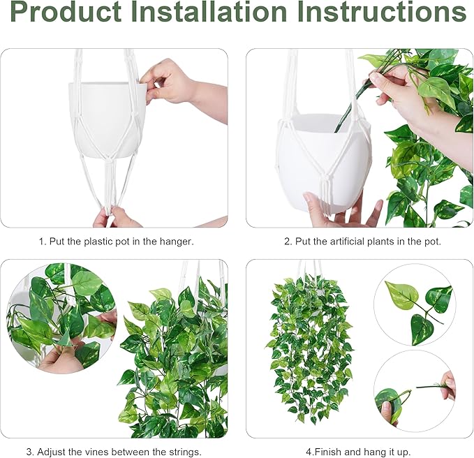 DREAMLOOM Fake Hanging Plants with Pot, Artificial Pothos Hanging Plants with Macrame Hanger for Indoor Decor, Fake Hanging Vines Faux Greenery for Home Kitchen Office