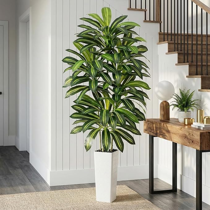 Artificial Dracaena Tree - 7FT Tall Fake Plants with White Tall Planter - Artificial Plants Indoor Floor Plant in Pot - Large Tropical Fake Yucca Potted Tree for Home Office Living Room Decor
