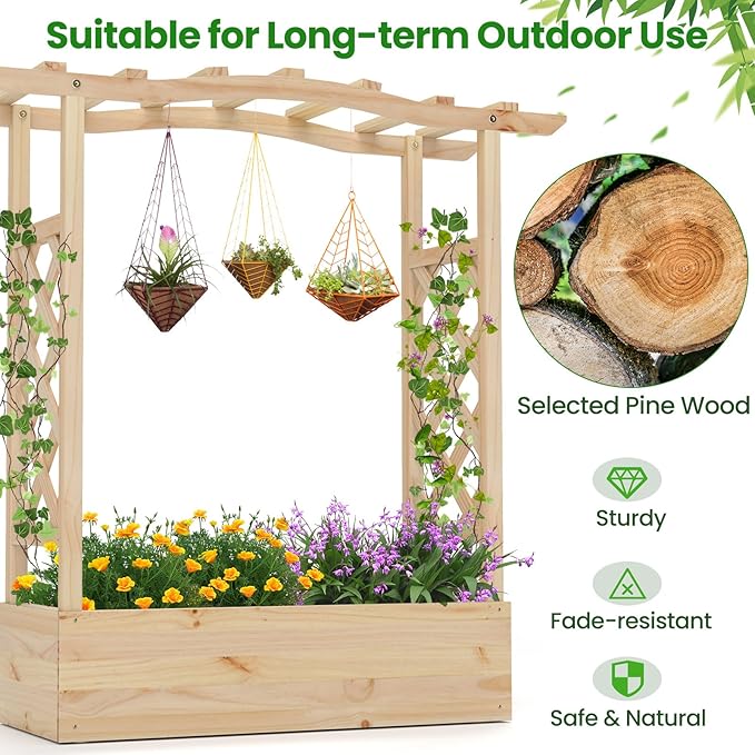 Giantex Set of 2 Raised Garden Bed with Sided Trellis & Hanging Roof, Wood Planter Box, Freestanding Garden Planter Raised Bed for Flowers Herbs Climbing Vines 44”x14”x45” (L x W x H)