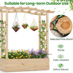 Giantex Raised Garden Bed with Trellis & Hanging Roof, Wooden Elevated Planter Box with Drainage Hole, Freestanding Gardening Planter Raised Bed for Flowers Herbs Climbing Plants Vines, 44”x14”x45”
