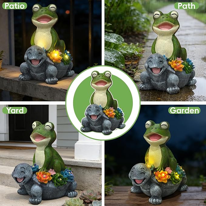 Solar Turtle Frog Garden Statue - Happy Turtle Frog Statue with LED Succulent,Garden Gifts,Outdoor Statues Decoration for Patio Backyard Yard Lawn Ornament,Birthday Gifts for Women Mom Grandma