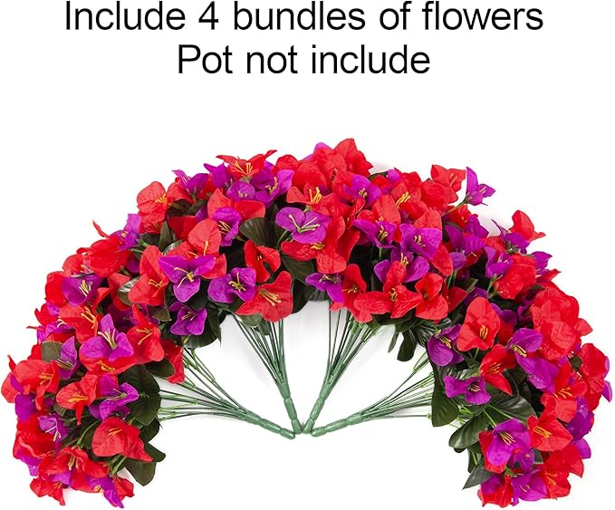 Artificial Faux Flowers for Outdoors Spring Summer Outside Decor, 4 Bundles Fake Silk Bougainvillea UV Resistant Look Real Faux Plants for Planter Patio Porch Window Garden Home Decoration, RedPurple