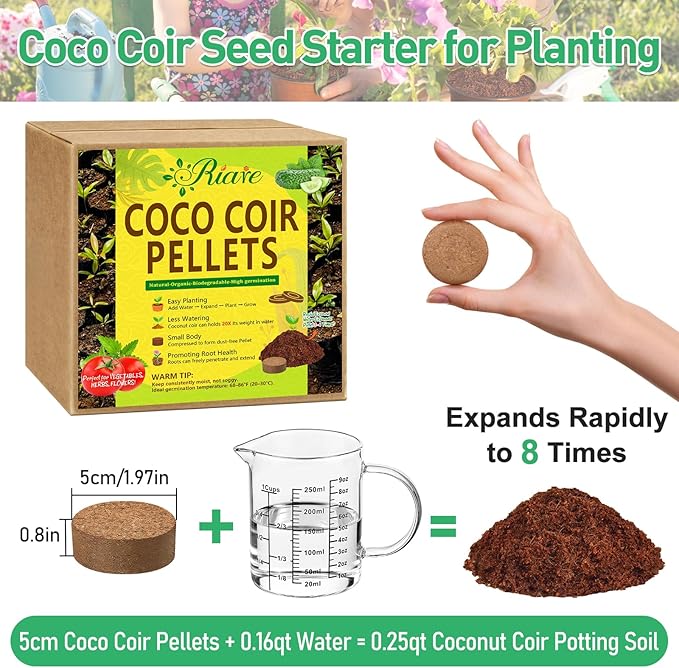 Riare 50 Pcs 50mm Organic Coco Coir Seed Starter Soil, Compressed Coconut Coir Potting Soil Mix for Seed Starting, Coconut Fiber Pellet for Planting Indoor & Outdoor Plants, Vegetables, Garden
