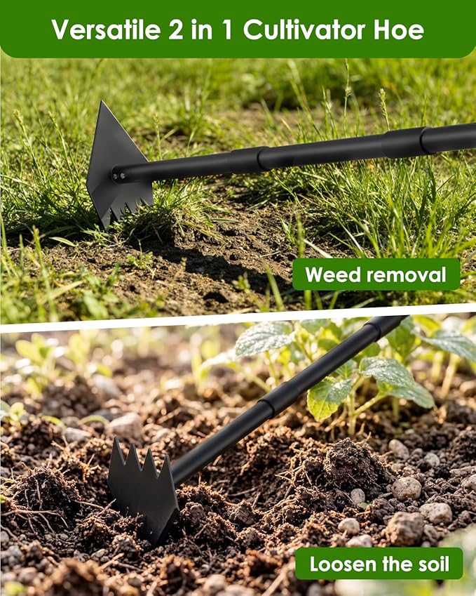 Luvenia 2-in-1 Hoe Garden Tool and Weed Puller Tool, 60 Inch Long Handle Garden Hoe Heavy Duty, Stainless Steel Triangle Hoe for Gardening Planting, Weeding, Digging, Loosening Soil, Sharp Edge