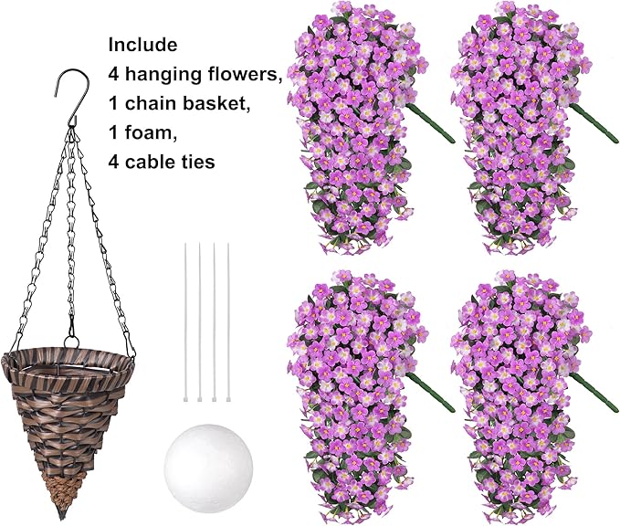Artificial Hanging Daisy Flowers Plants Baskets for Outdoor Decoration, Fake Silk Light Fuchsia Mums Orchid Trailing Vines in Planter Realistic UV Resistant for Balcony Porch Decor