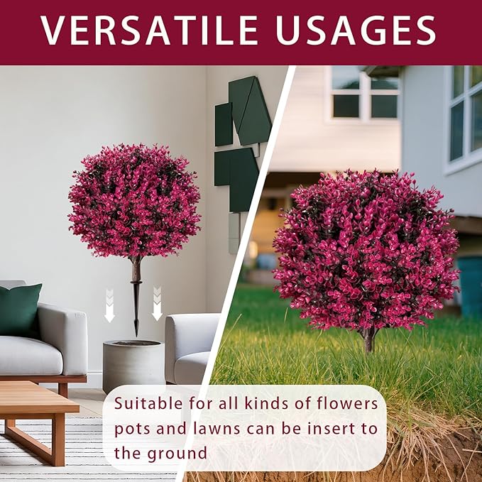 Artificial Pink Eucalyptus Topiary Ball Trees, Set of 2 UV Resistant Fake Evergreen Shrubs Bushes Plants with Ground Spike, 18" Fake Plants for Outdoor Indoor Front Porch Garden