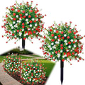 2 Pack 24" White Red Faux Topiary Ball Trees with Spikes, UV Resistant Artificial Boxwood Plants with Flowers, Fake Shrubs for Spring Outdoor Planters, Front Porch Garden Decor