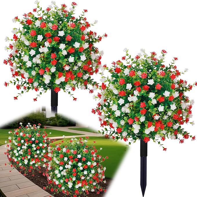2 Pack 24" White Red Faux Topiary Ball Trees with Spikes, UV Resistant Artificial Boxwood Plants with Flowers, Fake Shrubs for Spring Outdoor Planters, Front Porch Garden Decor
