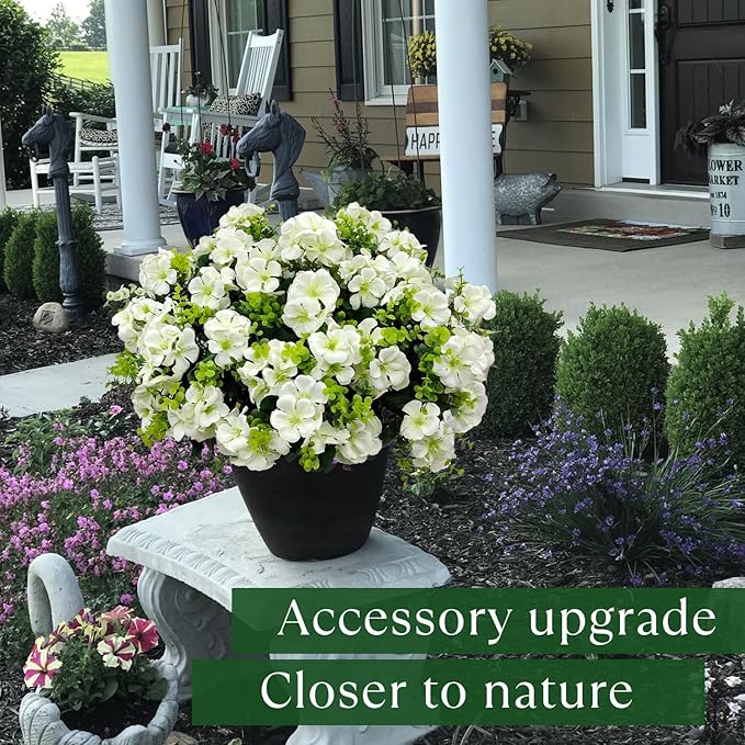 Artificial Geranium Flowers for Outdoor Decoration, 6 Bundles UV Resistant Silk Geranium Fake Plants Faux Flowers for Front Porch Garden Patio Window Box Outside Indoor Decor (White)