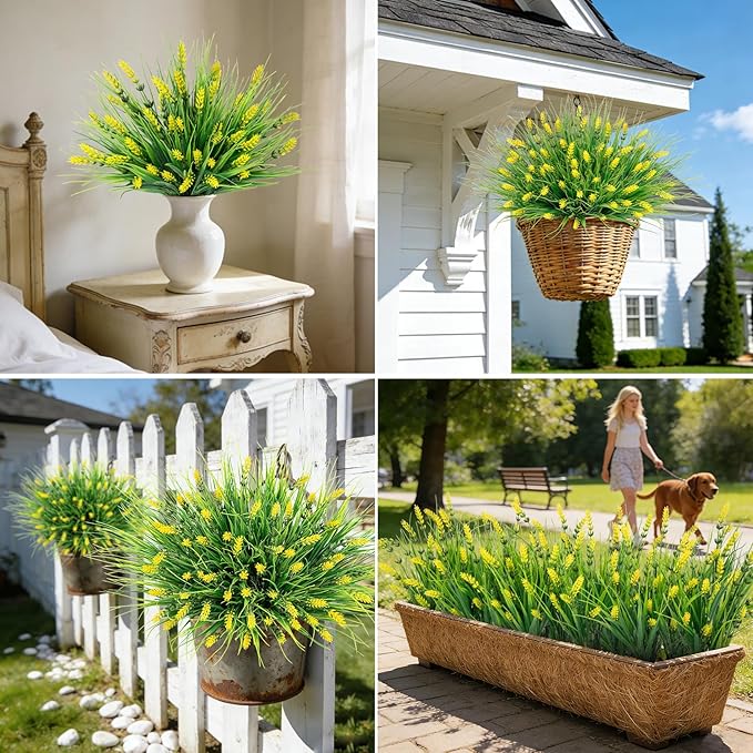 Roberly 24 Bundles Artificial Plants Outdoor, Fake Lavender Flowers UV Resistant Faux Shrubs Plastic Flowers Fake Greenery Plants for Porch Garden Window Box Home Indoor Outdoor Decorations, Yellow