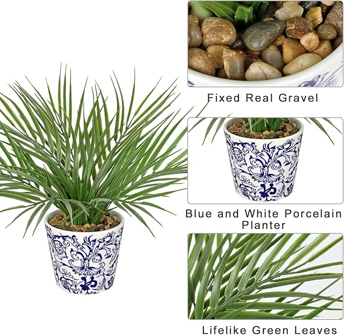 Hollyone Large Artificial Potted Plants Fake Palm Plants 13" Faux Green Plant Plastic Tropical Palm Tree in Blue and White Porcelain Ceramic Pots for Home Room Office House Indoor Decoration