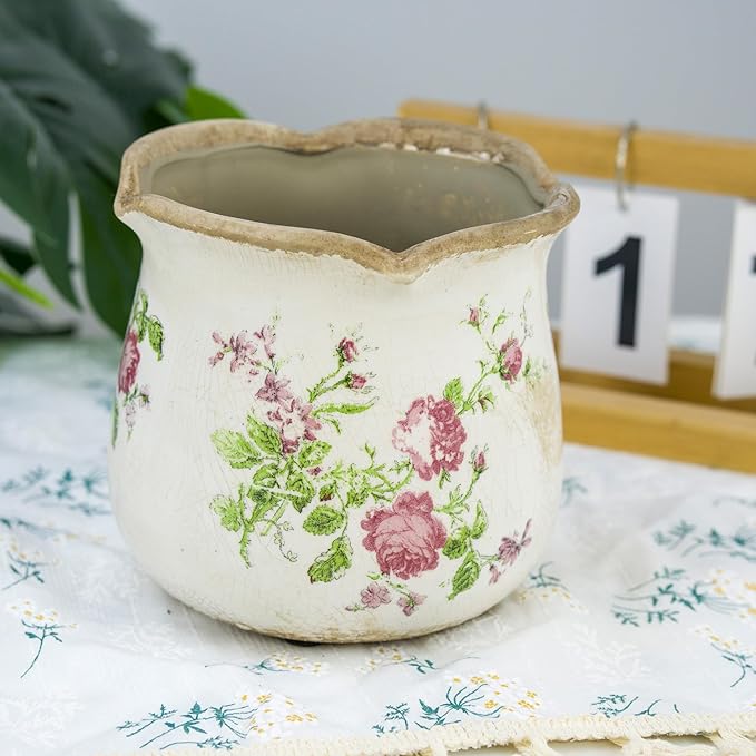 Dosayes Rustic Ceramic Planter, 6 Inch Tuscan Vintage Flower Pot with Drainage, Farmhouse Garden Pot for Indoor Plants, Kitchen & Garden Tuscan Decor, Plant Lover Gift (Pink)