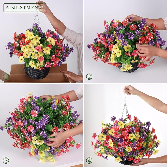 Artificial Flower & Eucalyptus with Hanging Basket - 2PCS Faux UV Sun Resistant Morning Glory in Planter, Fake Colorful Silk Flowers for Spring Summer Porch Patio Balcony Yard Decor (Mixed Color)