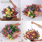 Artificial Flower & Eucalyptus with Hanging Basket - 2PCS Faux UV Sun Resistant Morning Glory in Planter, Fake Colorful Silk Flowers for Spring Summer Porch Patio Balcony Yard Decor (Mixed Color)