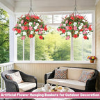 2 Pack Artificial Flowers Hanging Baskets for Outdoors, 10 PCS UV Resistant Faux Outdoor Plants, Fake Petunias Silk Flowers for Garden Balcony Yard Porch Decor (White Red Pink)