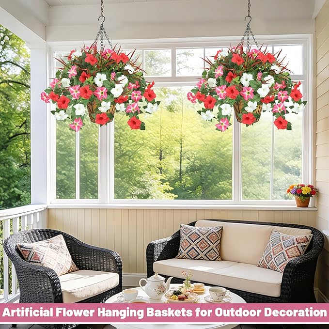 2 Pack Artificial Flowers Hanging Baskets for Outdoors, 10 PCS UV Resistant Faux Outdoor Plants, Fake Petunias Silk Flowers for Garden Balcony Yard Porch Decor (White Red Pink)