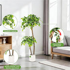 4FT Artificial Ficus Tree with White Planter and Pebbles,Faux Silk Tree with Lifelike Leaves and Realistic Trunk,Tall Fake Potted Plant for Home and Office Décor Indoor and Outdoor (4FT)